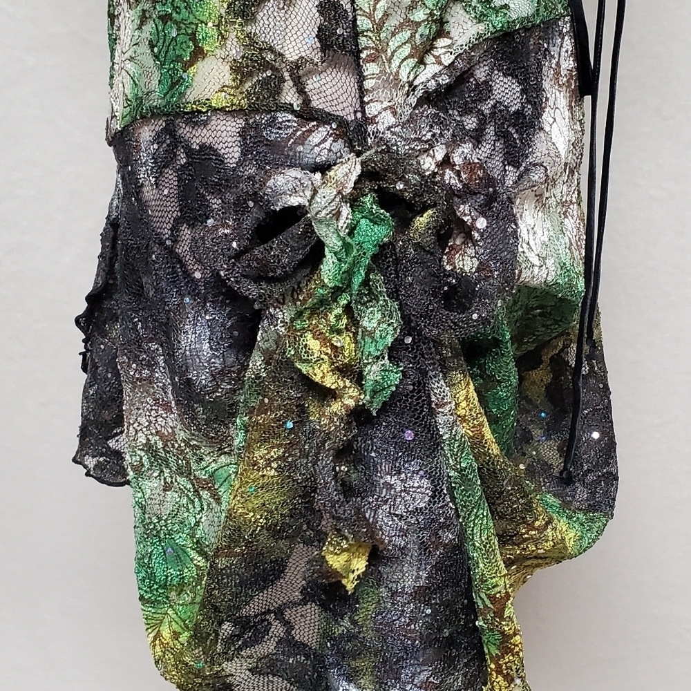 80s Rare Vintage Surprise Parties Green Tie-Dye Sheer Lace Lace-up Bustle Dress - Picture 9 of 16